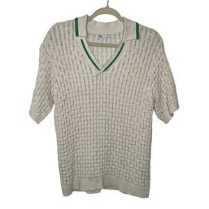 ZARA Men Cream Knit Polo Sweater Tenniscore Old Money Cream Green Trim Medium